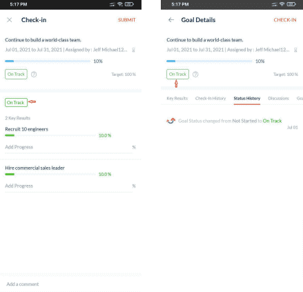 Engagedly Mobile Goal Status Drop Down