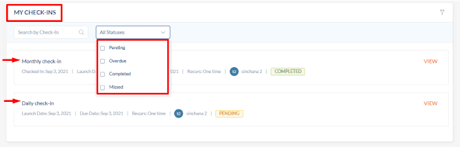 Home check-ins overview - My Check-ins
