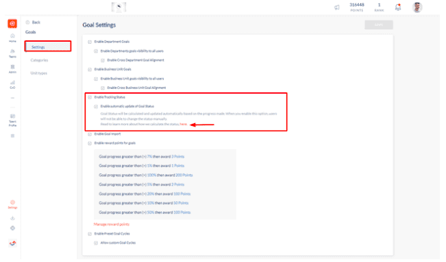 Admin goal tracking status