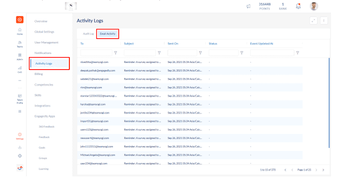 Engagedly email activity logs