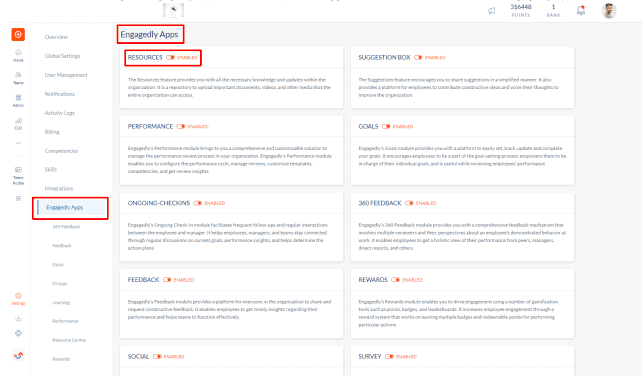 Engagedly enable disable apps