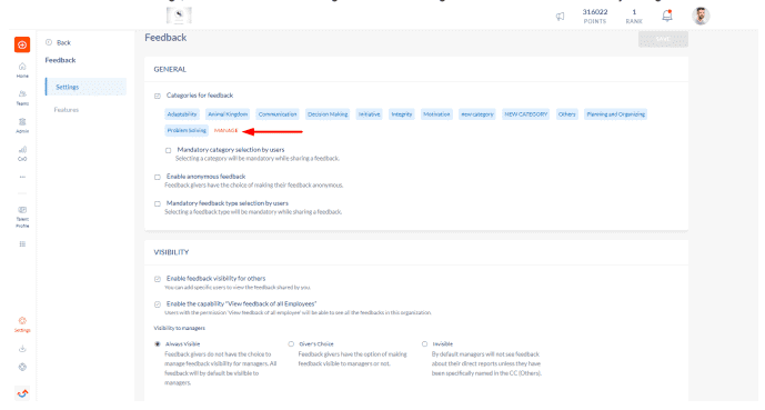 Engagedly feedback settings
