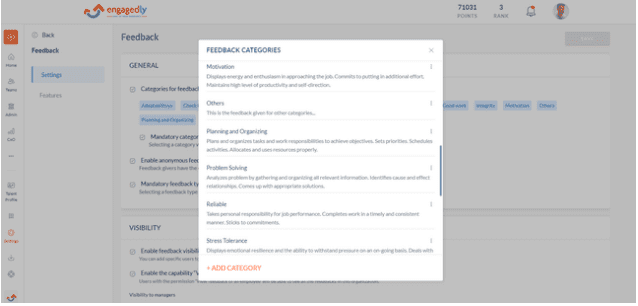 Engagedly settings feedback categories