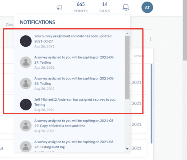 Engagedly survey inapp notifications