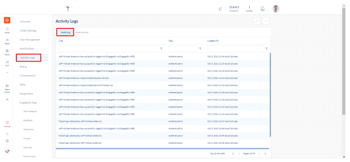 Engagedly user activity logs