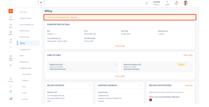 Engagedly pending payments alert