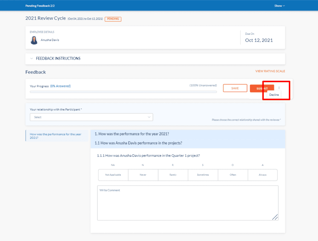 Decline feedback from overflow menu