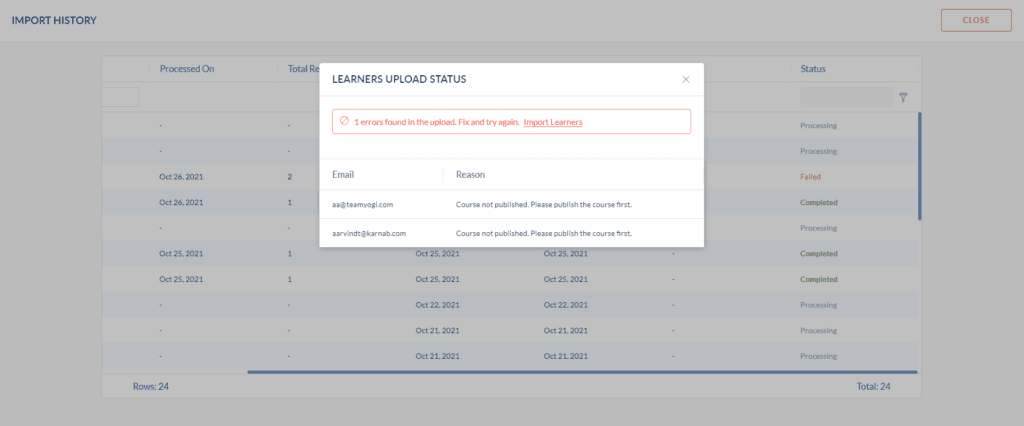 Learners upload status