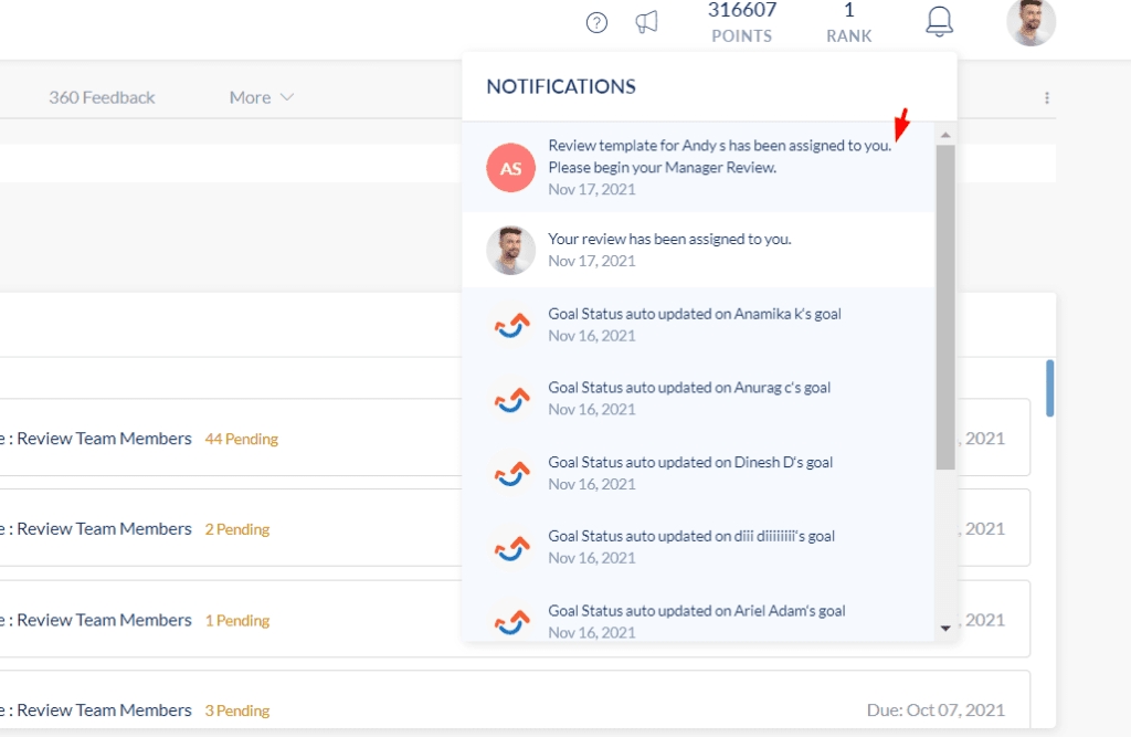Manager review - in-app notifications