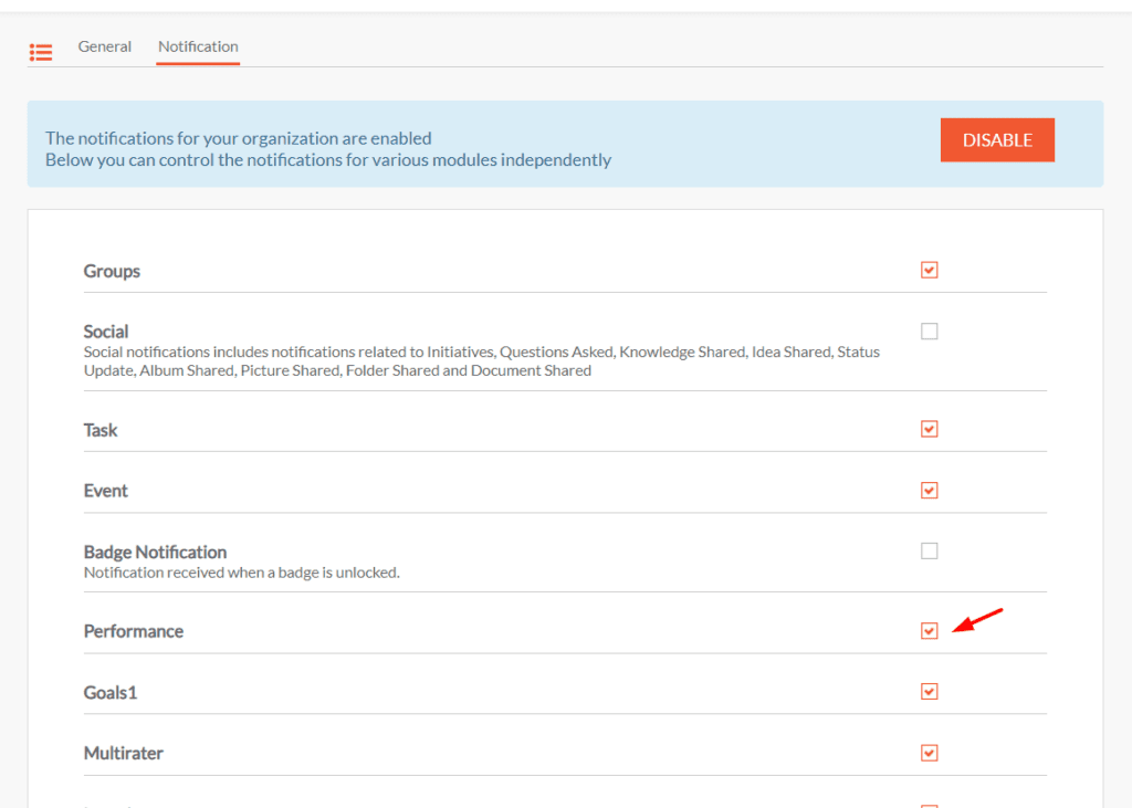 Notification enabled from performance module