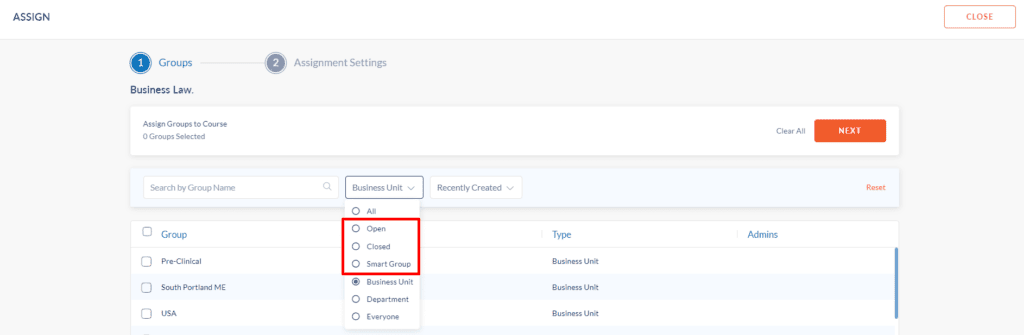 Assign courses to groups