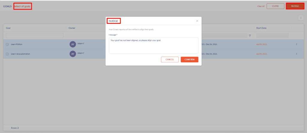 Manager view of nudge