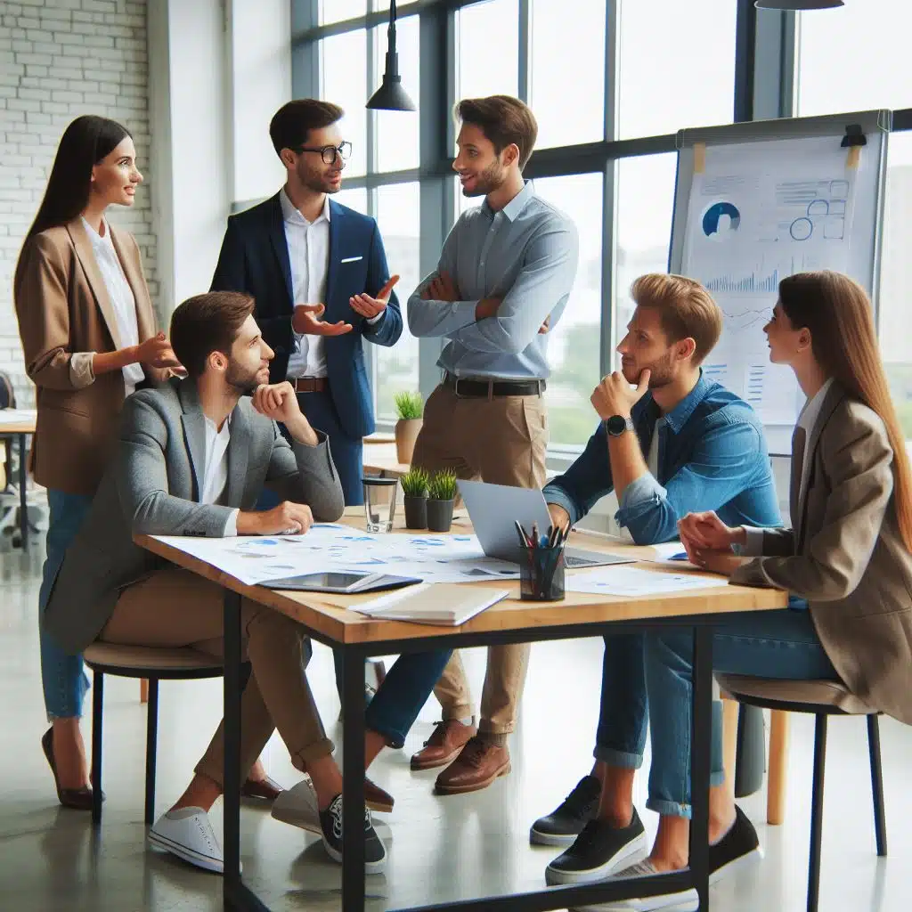 engaged employees having a discussion in office setting